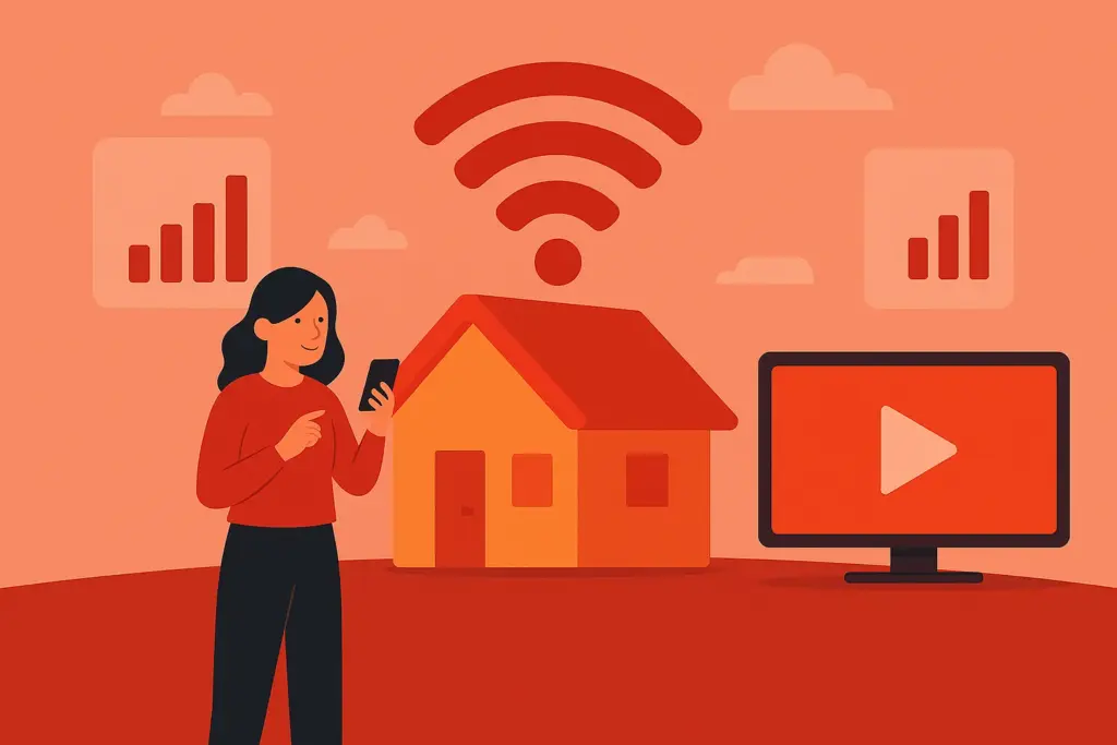 Mujer con móvil frente a una casa conectada por WiFi, junto a un televisor y gráficos de cobertura, representando la oferta de Pepephone