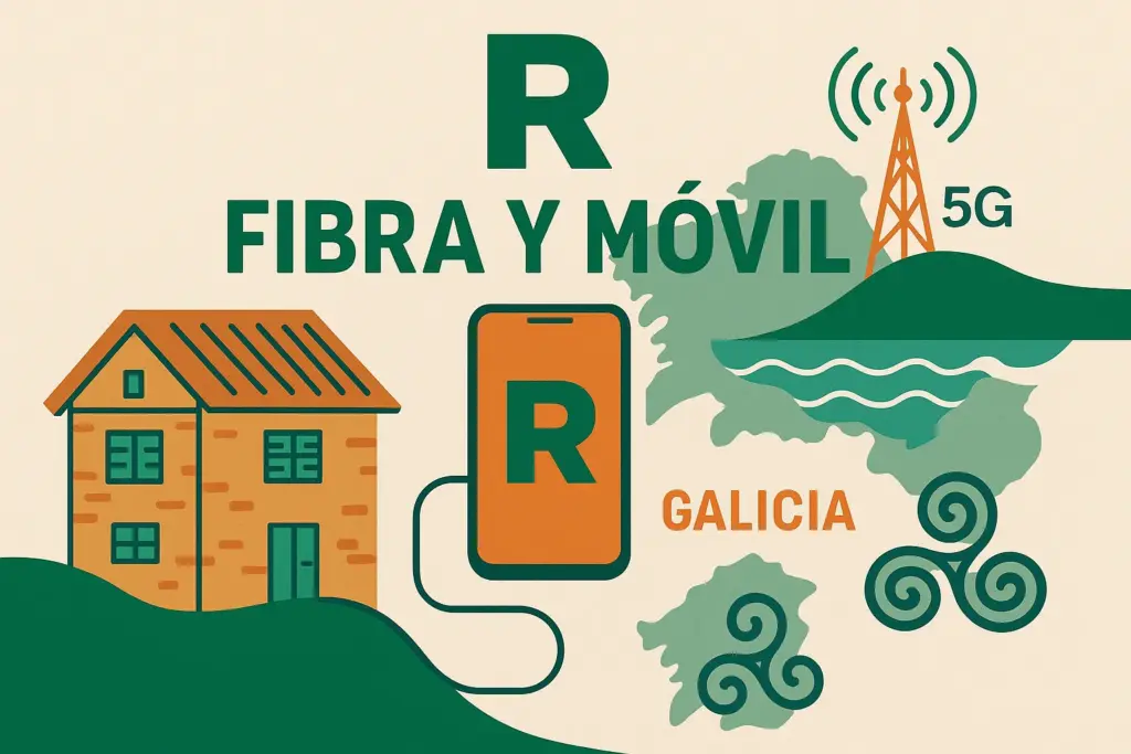 Ilustración con un mapa de Galicia, un smartphone conectado por fibra a un hogar gallego y una antena 5G, representando las tarifas de fibra y móvil de R.