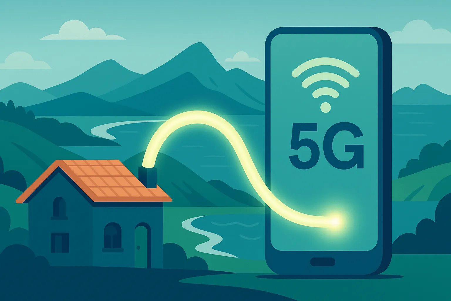 Casa asturiana conectada por un cable de fibra óptica luminosa a un smartphone con señal 5 G, paisaje de montañas y costa al fondo, simbolizando la conexión de fibra y móvil de Telecable.
