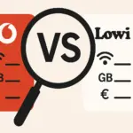 Comparativa entre tarifas de Vodafone y Lowi resaltada con una lupa sobre fondo claro.