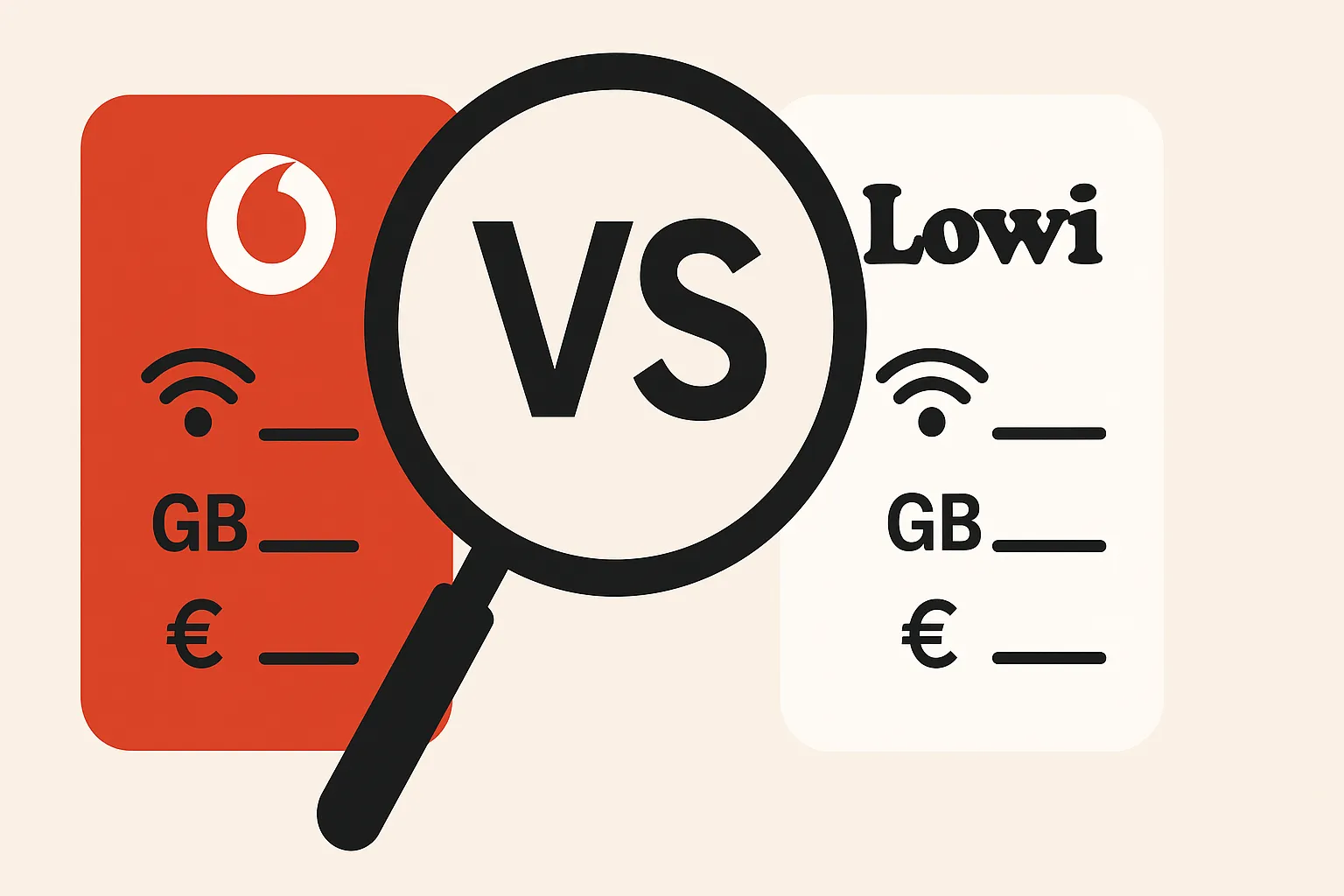 Comparativa entre tarifas de Vodafone y Lowi resaltada con una lupa sobre fondo claro.
