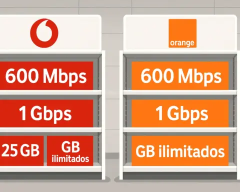 Estanterías comparando tarifas de Vodafone y Orange con velocidades de fibra y datos móviles.