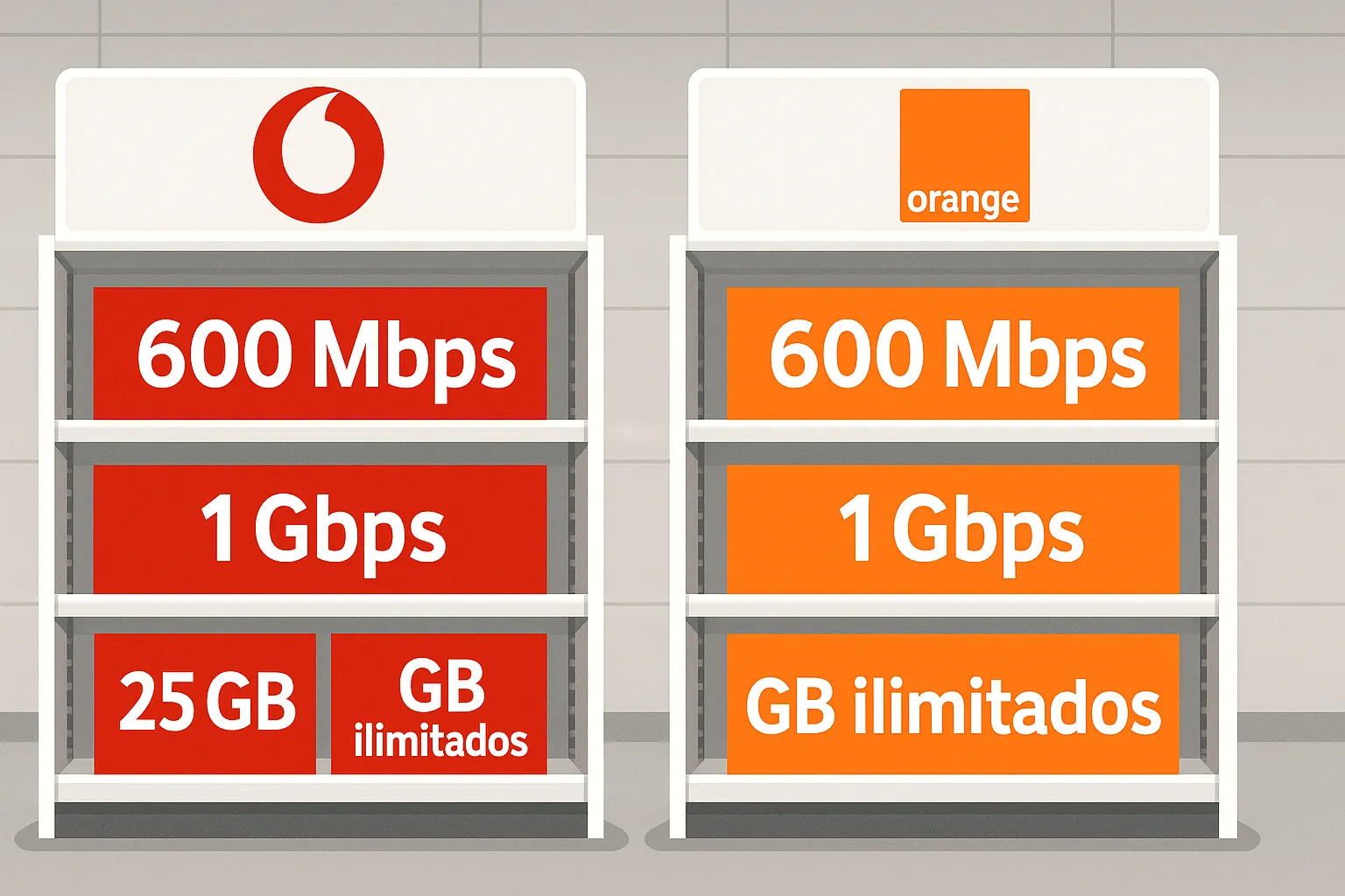 Estanterías comparando tarifas de Vodafone y Orange con velocidades de fibra y datos móviles.