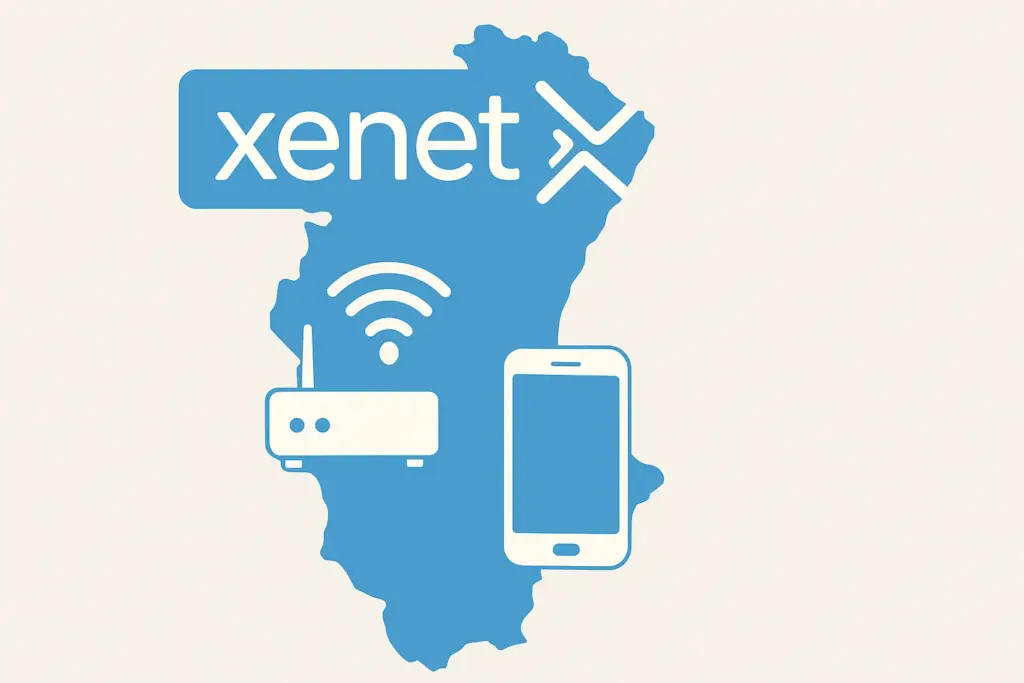 Ilustración de la fibra y móvil de Xenet sobre el mapa de la Comunidad Valenciana.