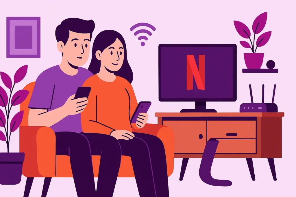 Pareja en su salón viendo Netflix y mirando el móvil, simbolizando las tarifas de fibra y móvil de Yoigo.