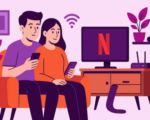 Pareja en su salón viendo Netflix y mirando el móvil, simbolizando las tarifas de fibra y móvil de Yoigo.